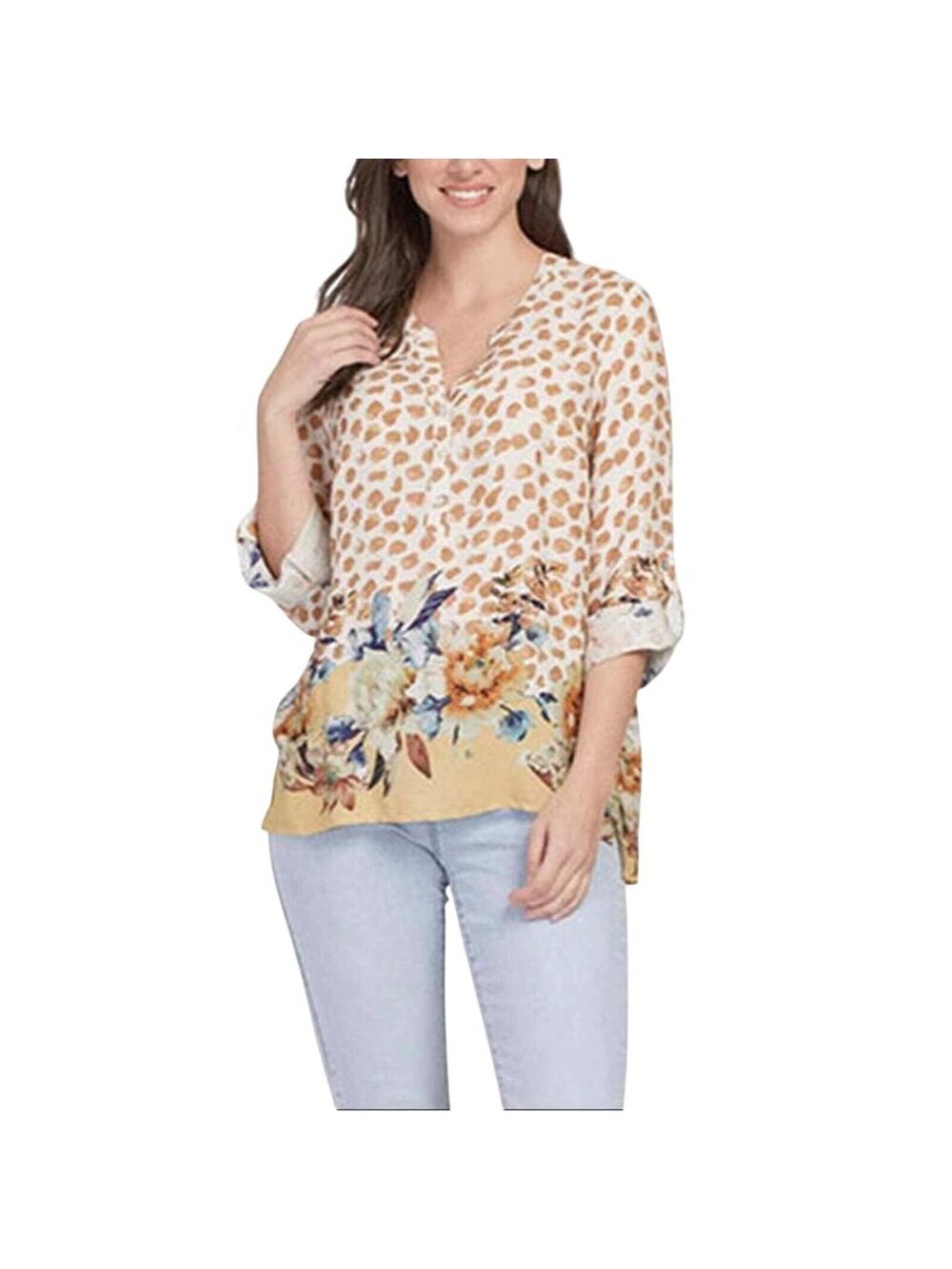Tribal Jeans Shirt Size Large Floral Button Front Long Sleeve White Tan Bohemian